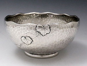 Tiffany antique sterling hammered silver fruit bowl with applied bug and leaf